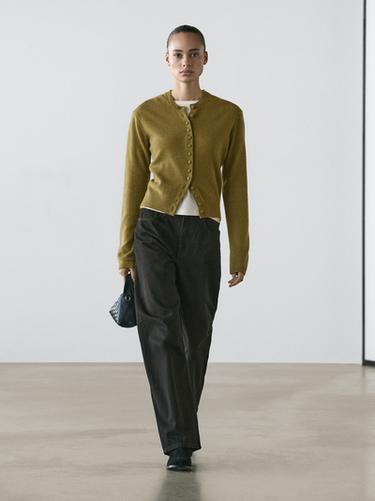 Zara 100% wool knit cardigan with covered buttons - Olive green - Image 0