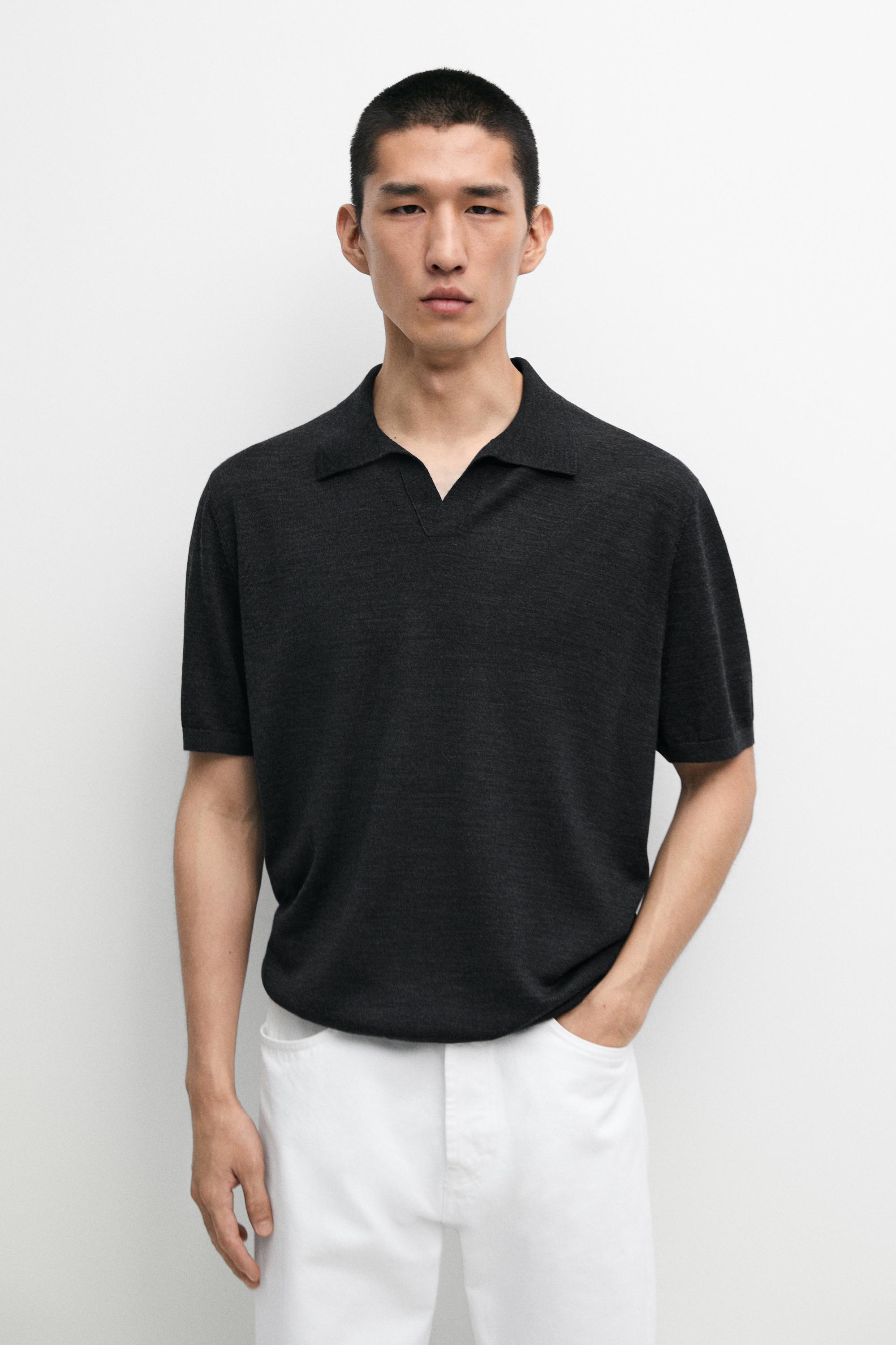 Short sleeve wool blend knit polo shirt — Anthracite Gray