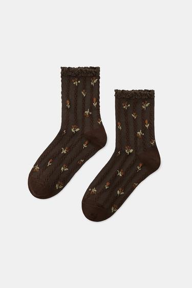 CALCETINES ESTAMPADO FLORES PUNTILLA - Marrón de Zara