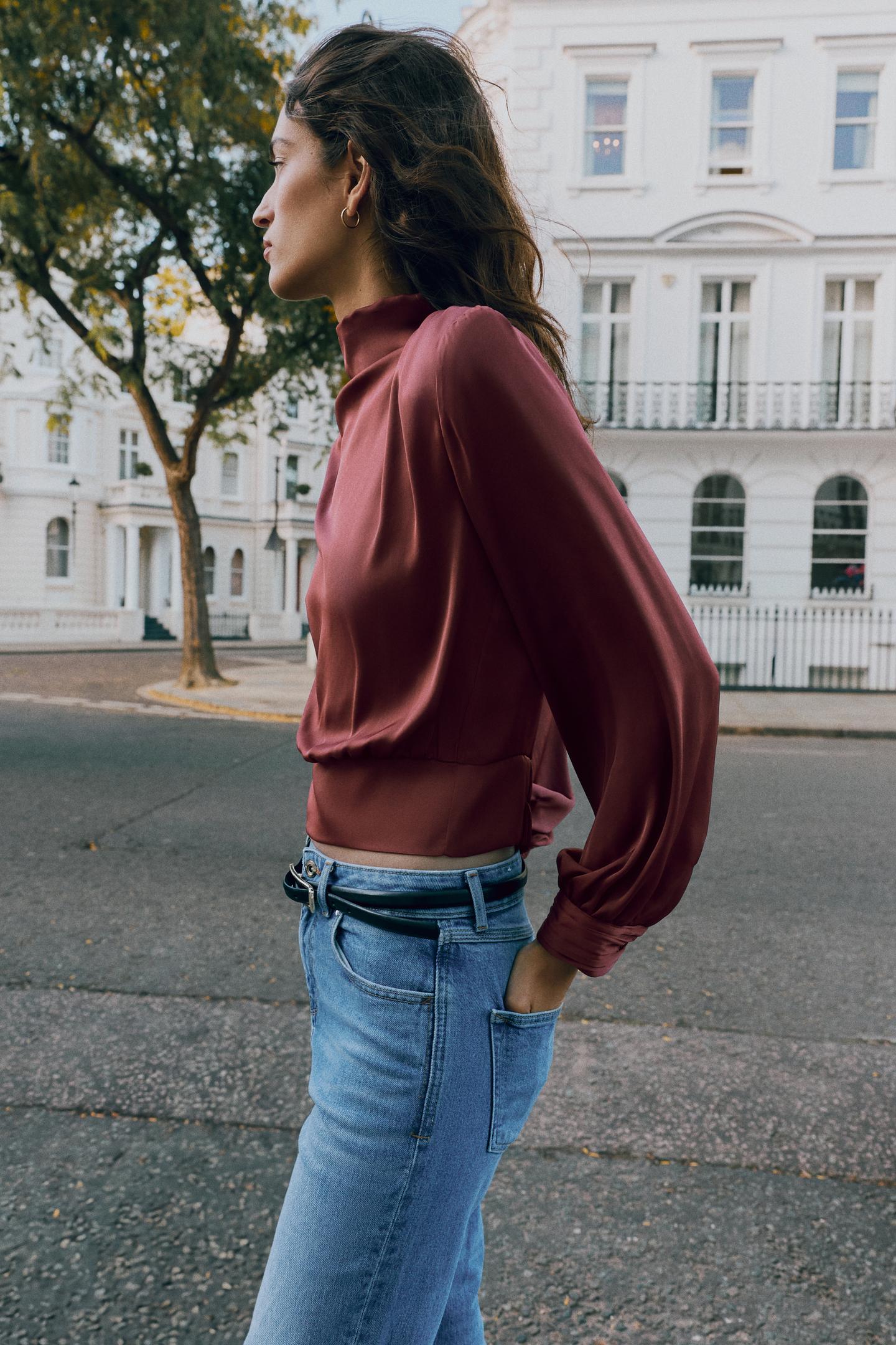Женская блузка Zara Satin with Shoulder Pads, цвет: Бордовый — фото 3