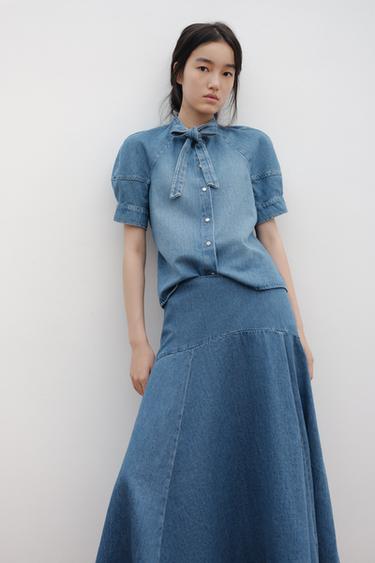 ZW 컬렉션 리본 데님 셔츠 - Zara 미디움 블루