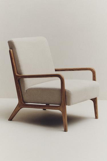 ASH WOOD AND LINEN ACCENT CHAIR — Light beige 1