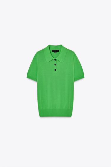 Zara SHORT SLEEVE KNIT POLO TOP - Green