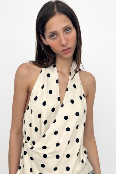АТЛАСНИЙ ТОП ХАЛЬТЕР У ГОРОШОК - Чорний/Білий Zara