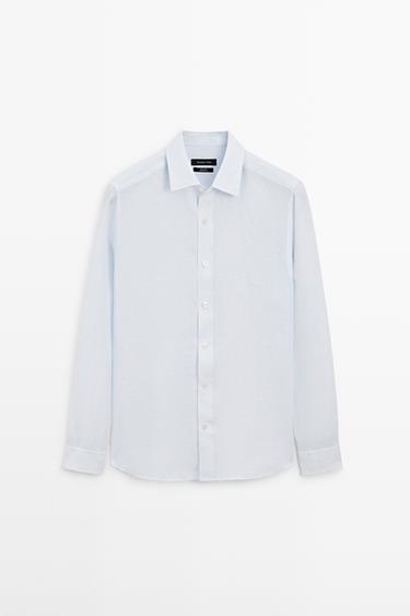 Camisa slim fit rayas lino - Raya verde de Zara