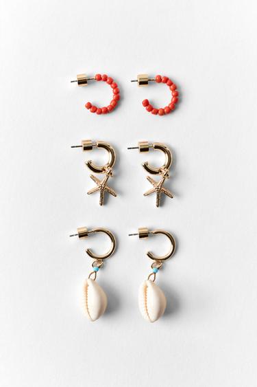PACK OF 3 SHELL AND STAR HOOP EARRINGS - Golden by Zara