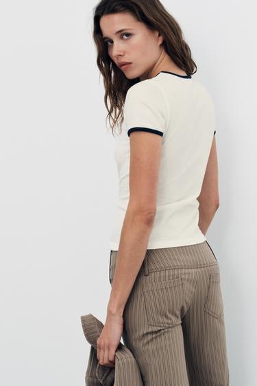 PANTALON CAPRI À RAYURES - Marron clair de Zara - Image 4