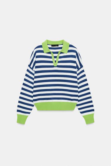 ストライプ柄ポロニットセーターストライプZaraのストライプ柄ポロニットセーター - ストライプ 