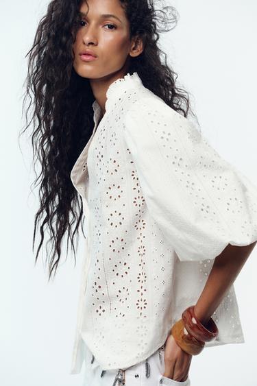 CAMICIA CON RICAMI TRAFORATI E MANICHE A SBUFFO - Bianco di Zara