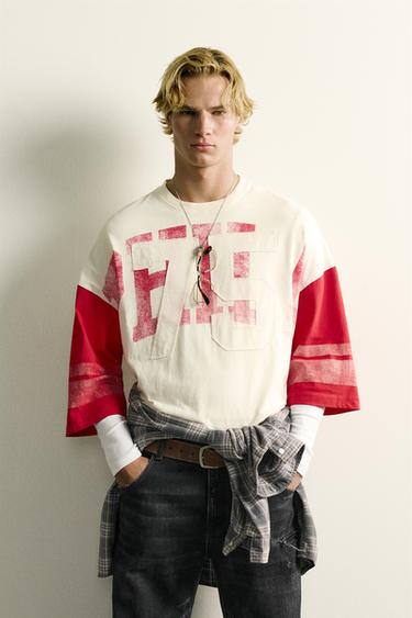 Zara VINTAGE WASHED EFFECT PATCH BOXY T-SHIRT - Red