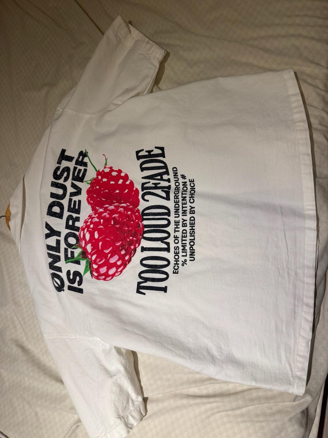 White shirt with raspberries and text: ØNLY DUST IS FOREVER TOO LOUD 2FADE ECHOES OF THE UNDERGROUND % LIMITED BY INTENTION # UNPUBLISHED BY CHOICE