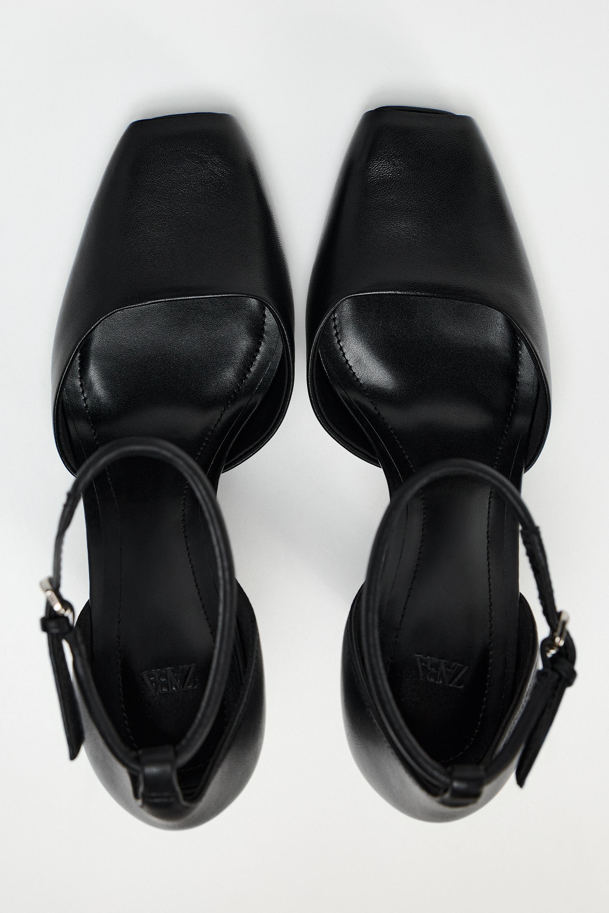 Zara Black popular Leather Minimalist Strapy Square Toe Heels