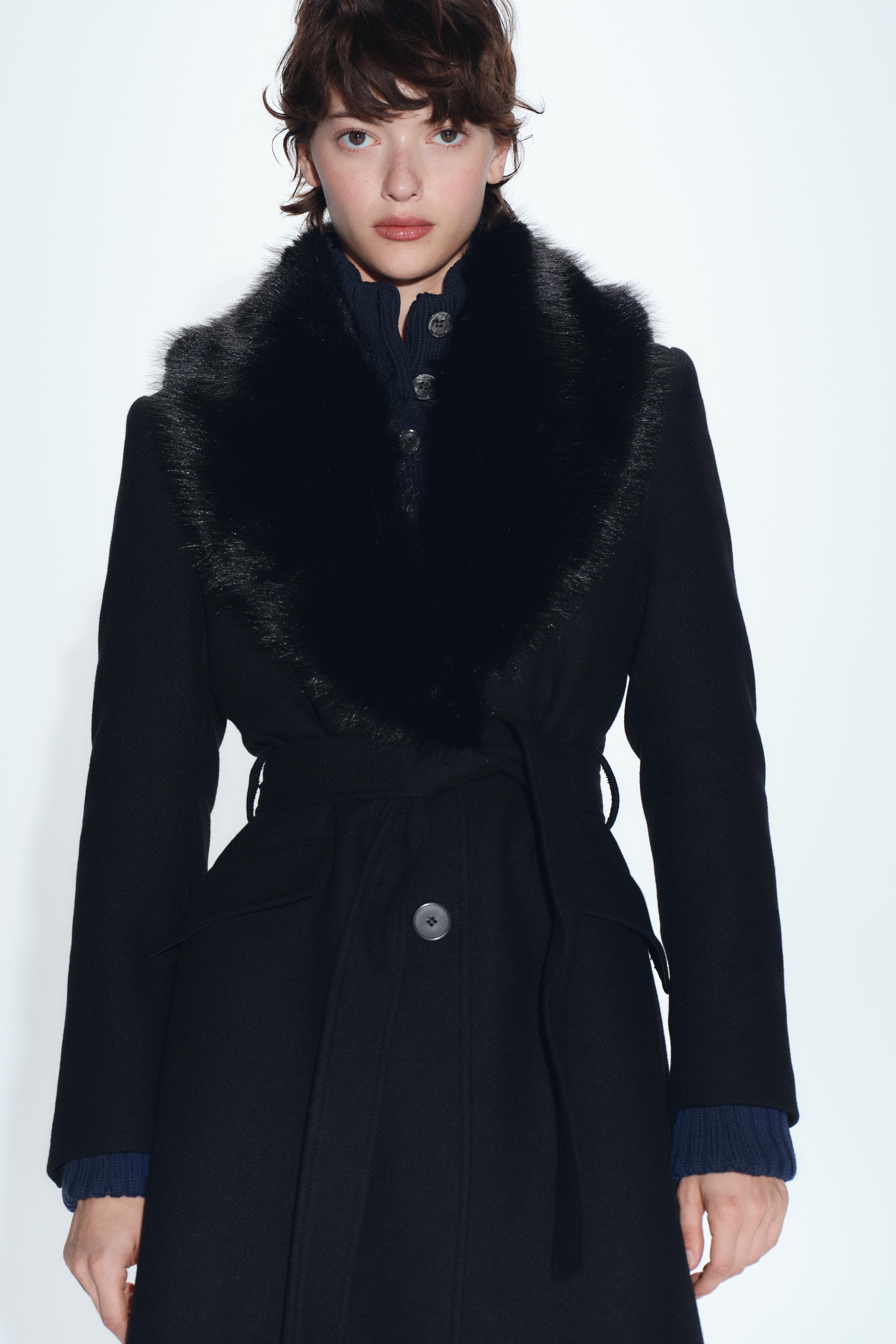 FAUX FUR WOOL BLEND LAPEL COLLAR COAT - Black | ZARA United States