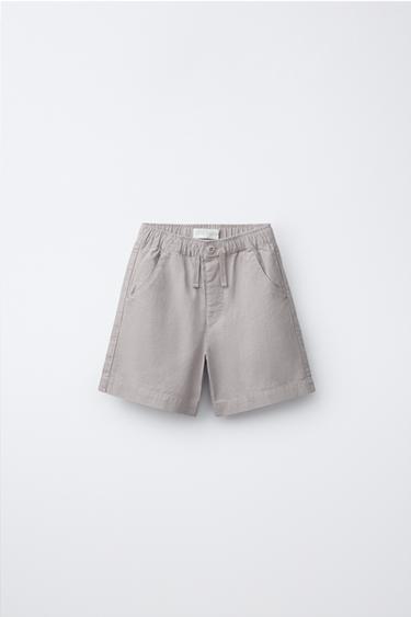 Zara 亞麻棉質混紡百慕達短褲 - 米色