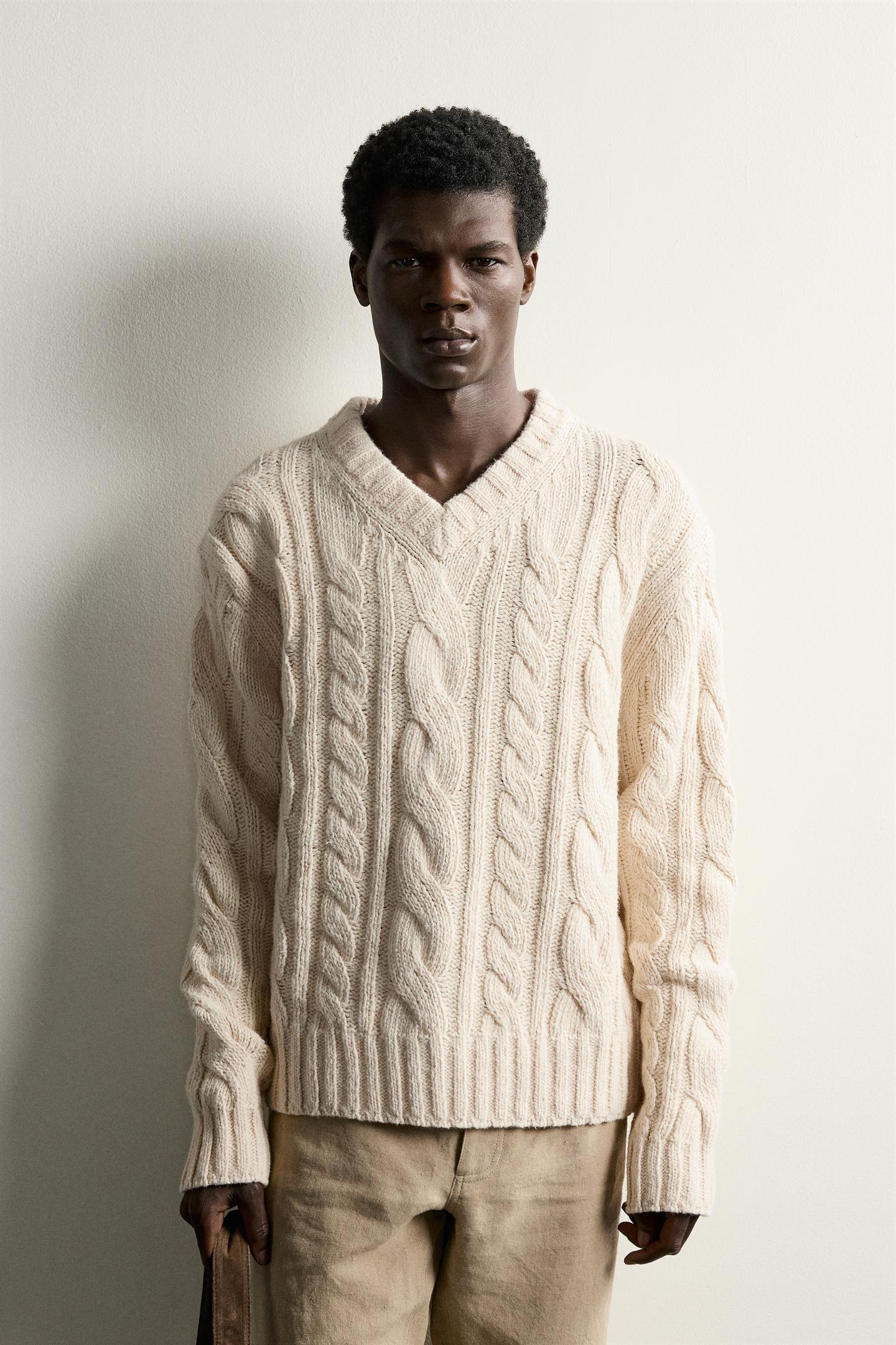 Мужской свитер Zara Cable Knit, цвет: Экрю — фото 2