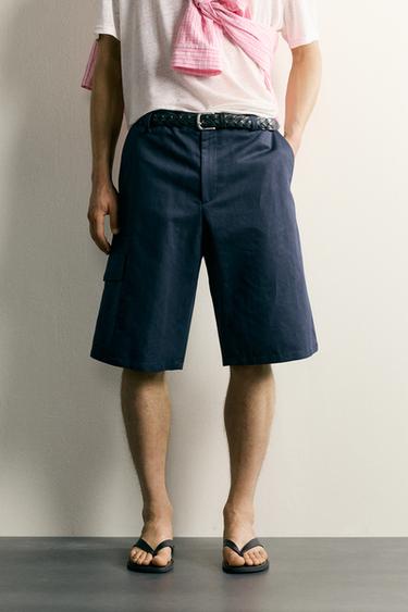 CALÇÕES BERMUDA CARGO RELAXED FIT ALGODÃO-LINHO - Azul / Azul-marinho da Zara