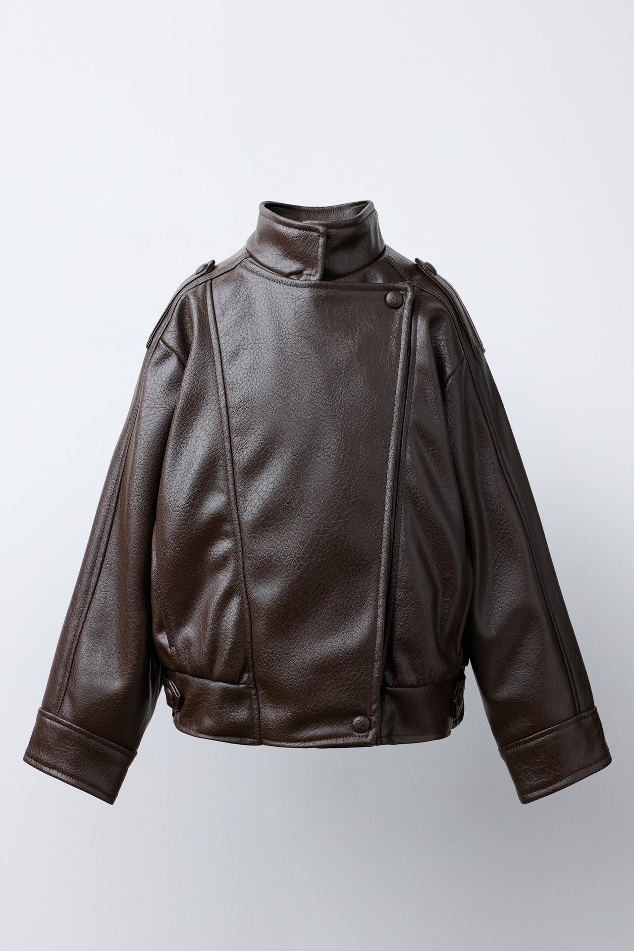 DOUBLE-BREASTED FAUX LEATHER JACKET — Brown