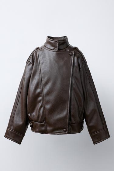 DOUBLE-BREASTED FAUX LEATHER JACKET — Brown 1