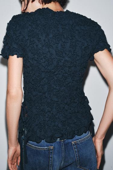 TEXTURED SHORT SLEEVE JUMPER WITH BOWS - Ink blue by Zara