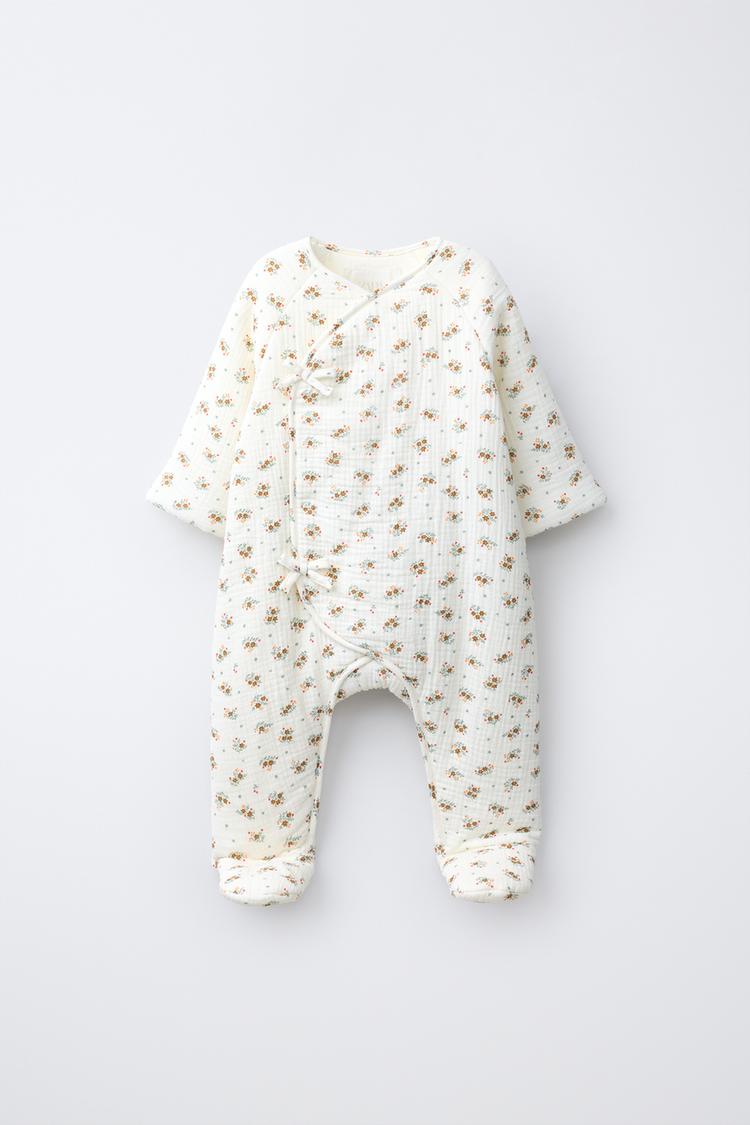 QUILTED FLORAL PRINT JUMPSUIT — Ecru