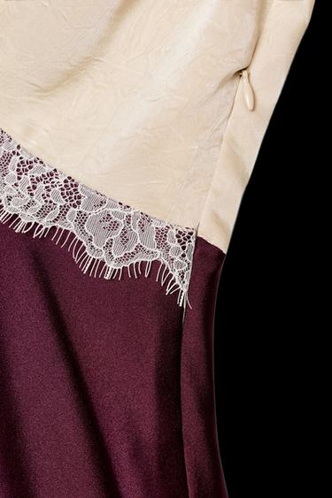 SATIN MIDI DRESS WITH LACE TRIM - Burgundy by Zara