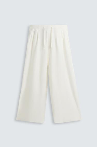 Zara TEXTURED RELAXED FIT PANTS - White