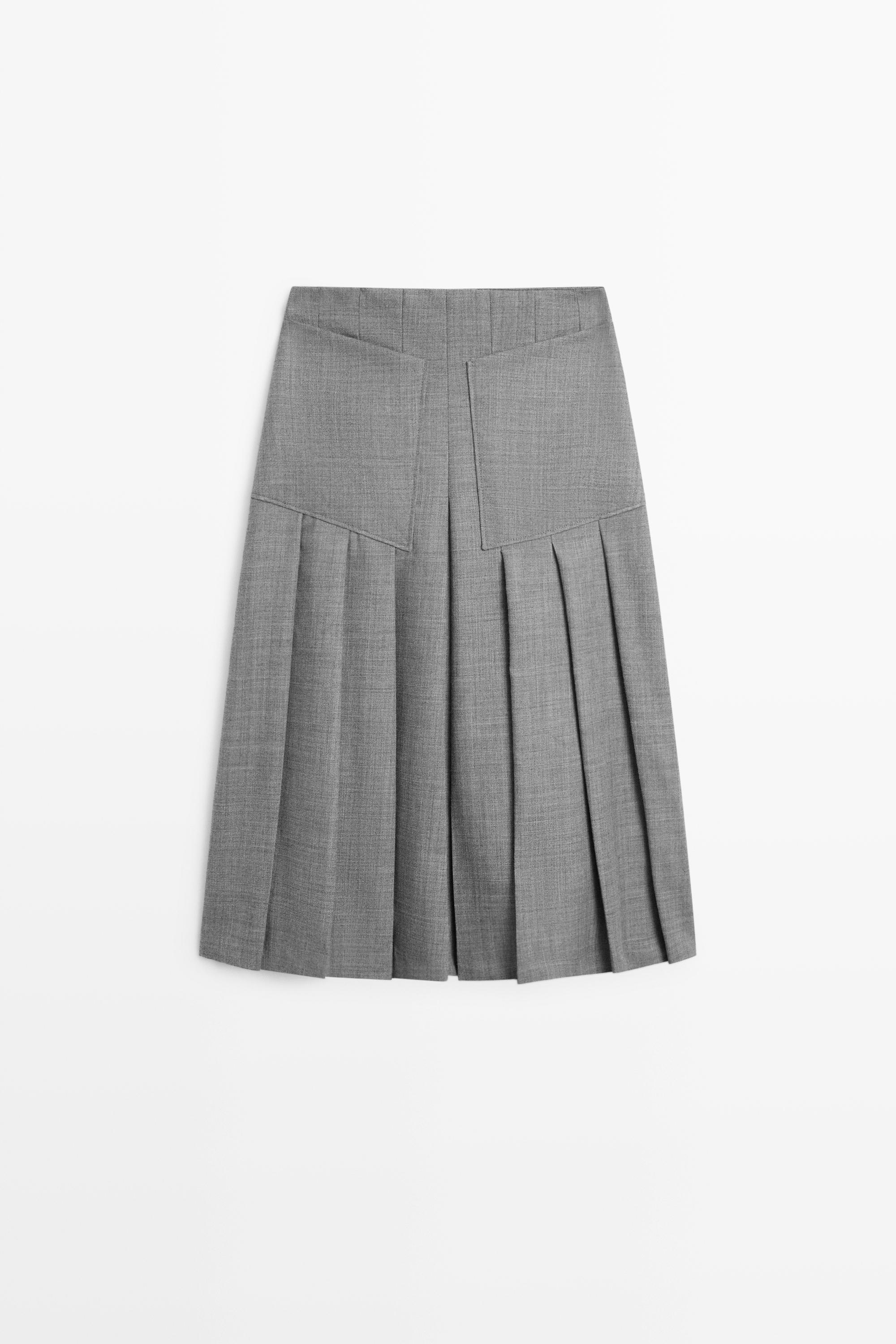 100% Wool Pleated Midi Skirt with Pocket Detail
