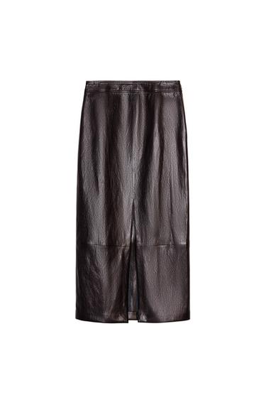 LEATHER EFFECT MIDI SKIRT - Brown by Zara