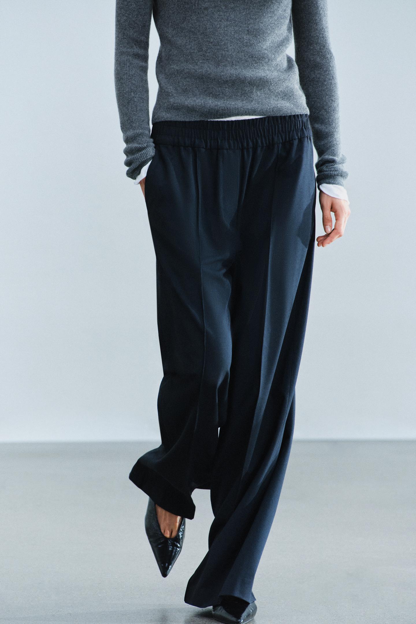 Женские брюки Zara ZW Collection Wool-Blend Flowy, цвет: Тёмно-синий — фото 5