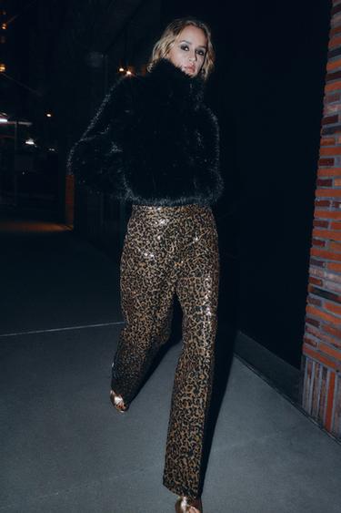 PANTALON DROIT À PAILLETTES IMPRIMÉ ANIMALIER - Noir or de Zara - Image 2