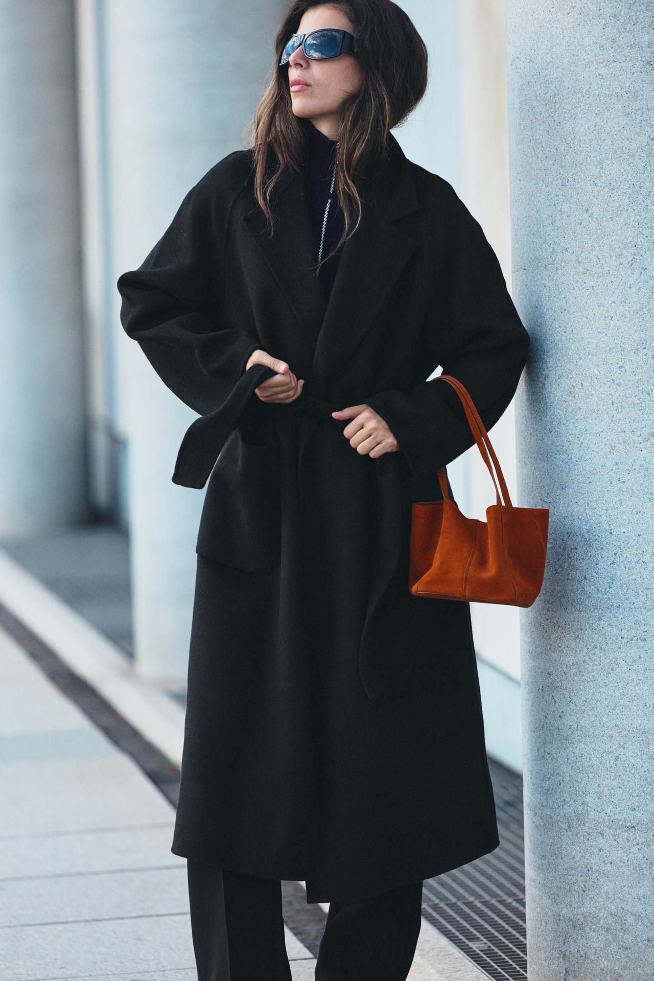 WOOL BELTED COAT — Black
