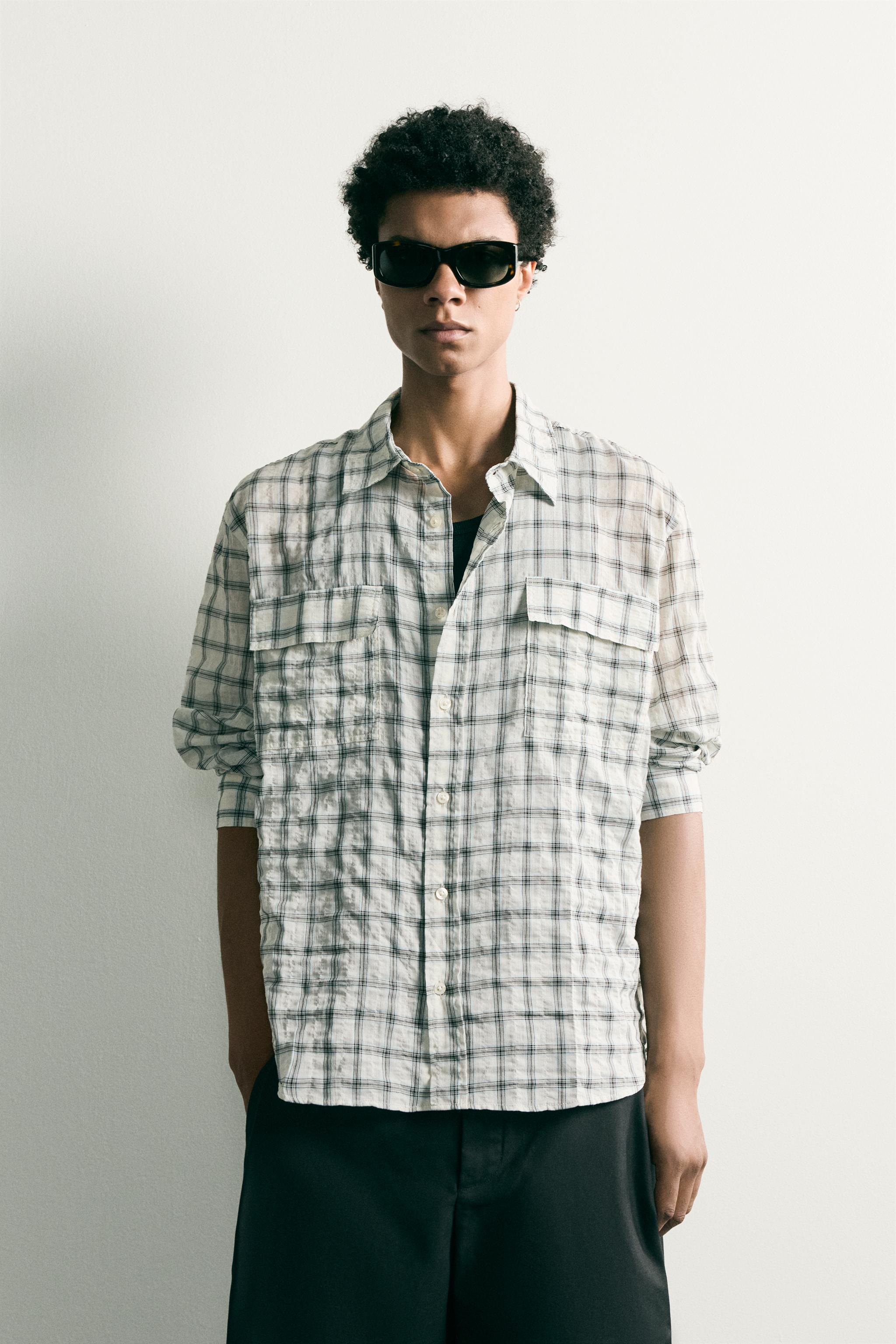 TEXTURED PLAID RELAXED FIT SHIRT — Oyster-white