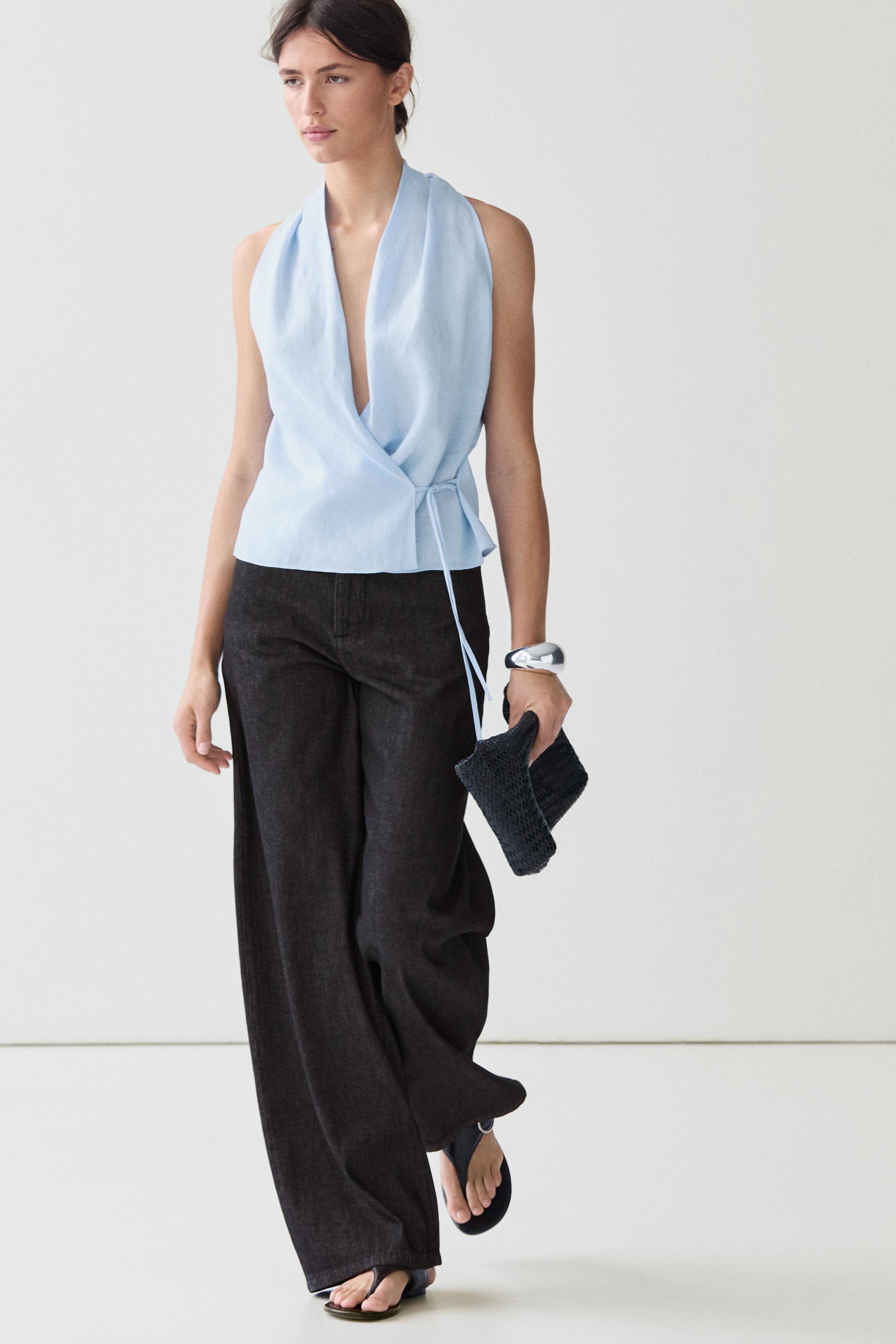 100% linen halter top with tie detail — Sky blue