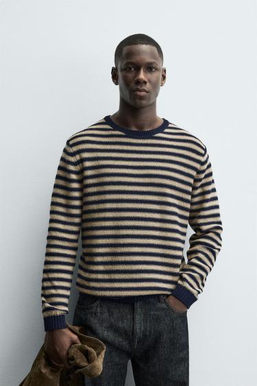 GESTREIFTER JACQUARD-PULLOVER - Cremefarben / Marineblau von Zara