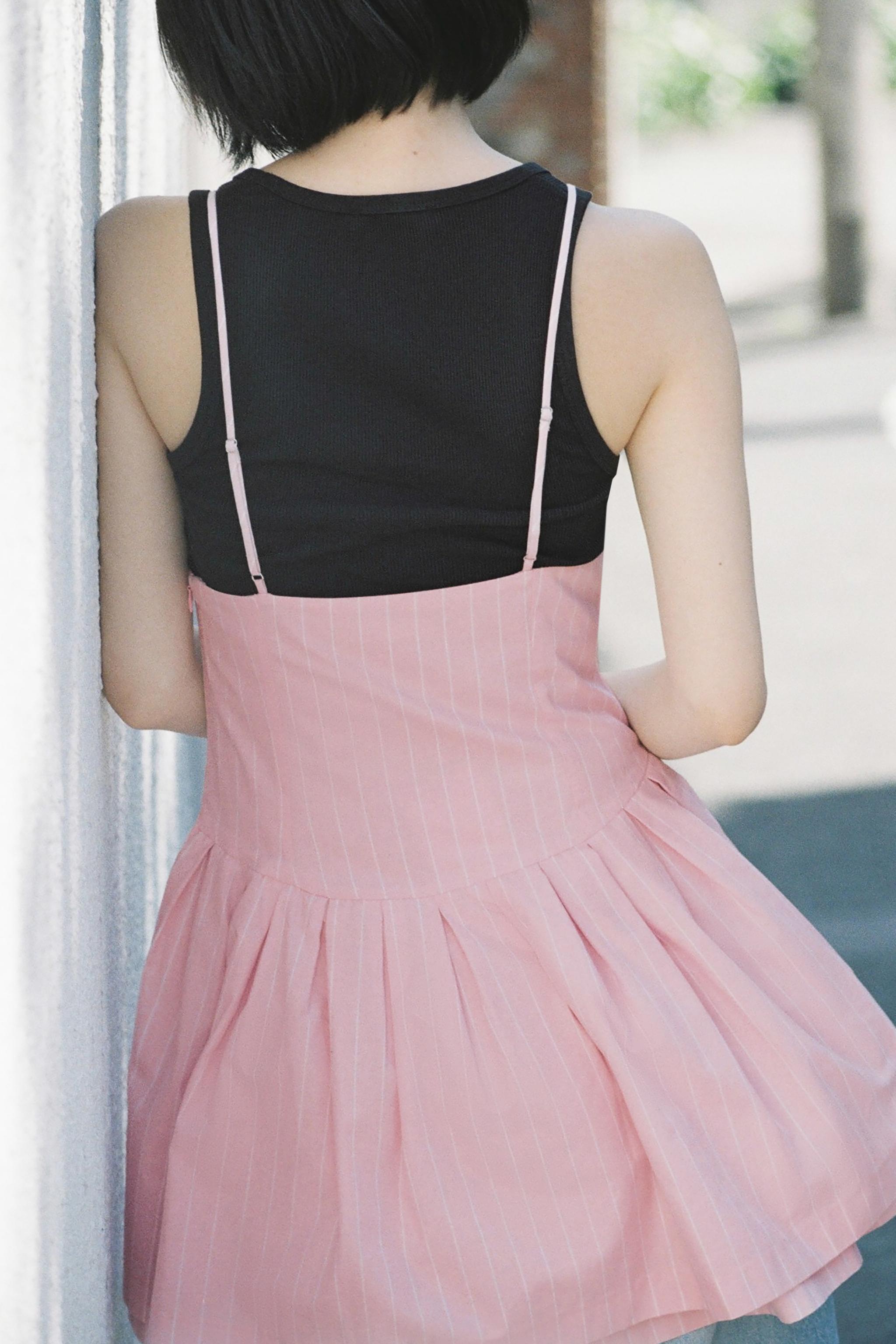 ZARA ストライプ柄リボン付きショートワンピース 3154/844 ストライプ柄リボン付きショートワンピース - ピンク/ホワイト