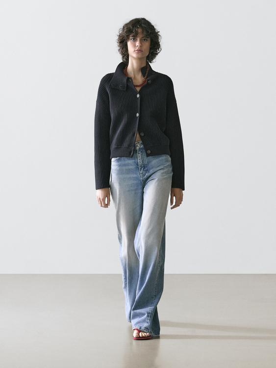 Cotton high neck knit cardigan