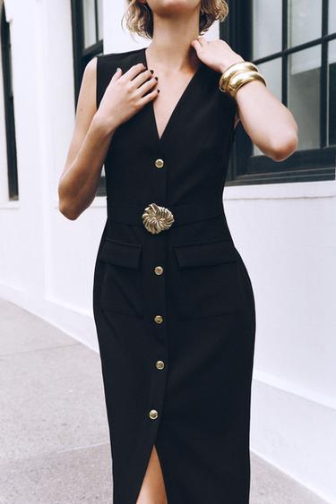 Zara BELTED CREPE MIDI DRESS - Black - Image 0