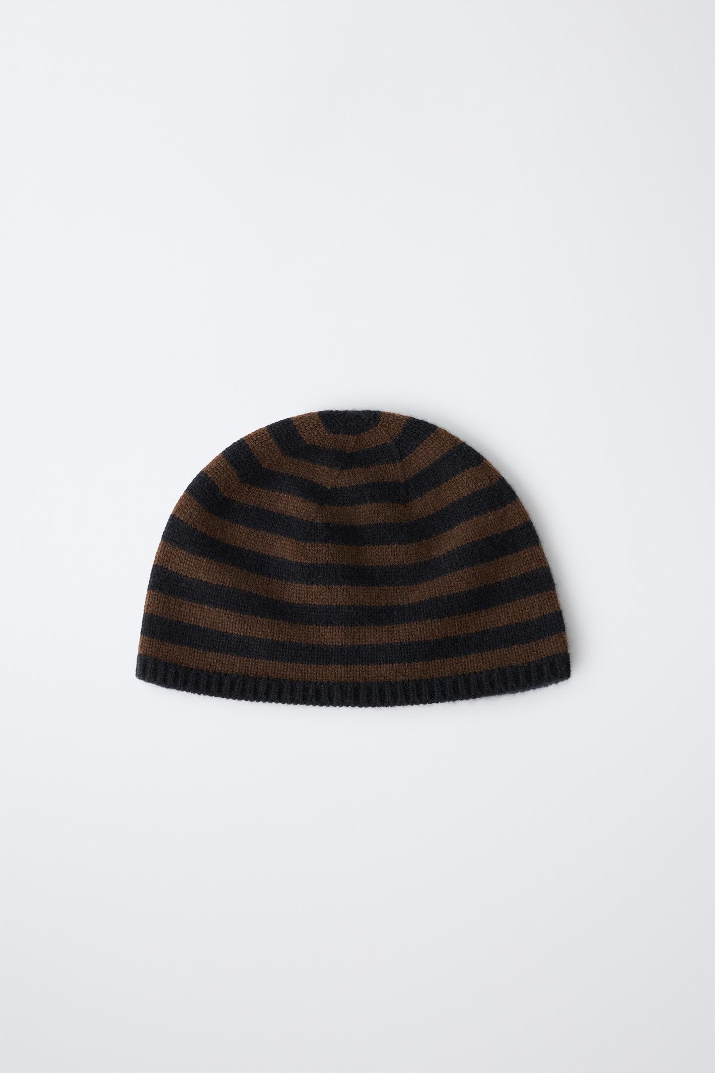 Женская шапка Zara 0FR. Paris X ZARA 100% Cashmere Striped Beanie, цвет: Чёрный / Коричневый — фото 2