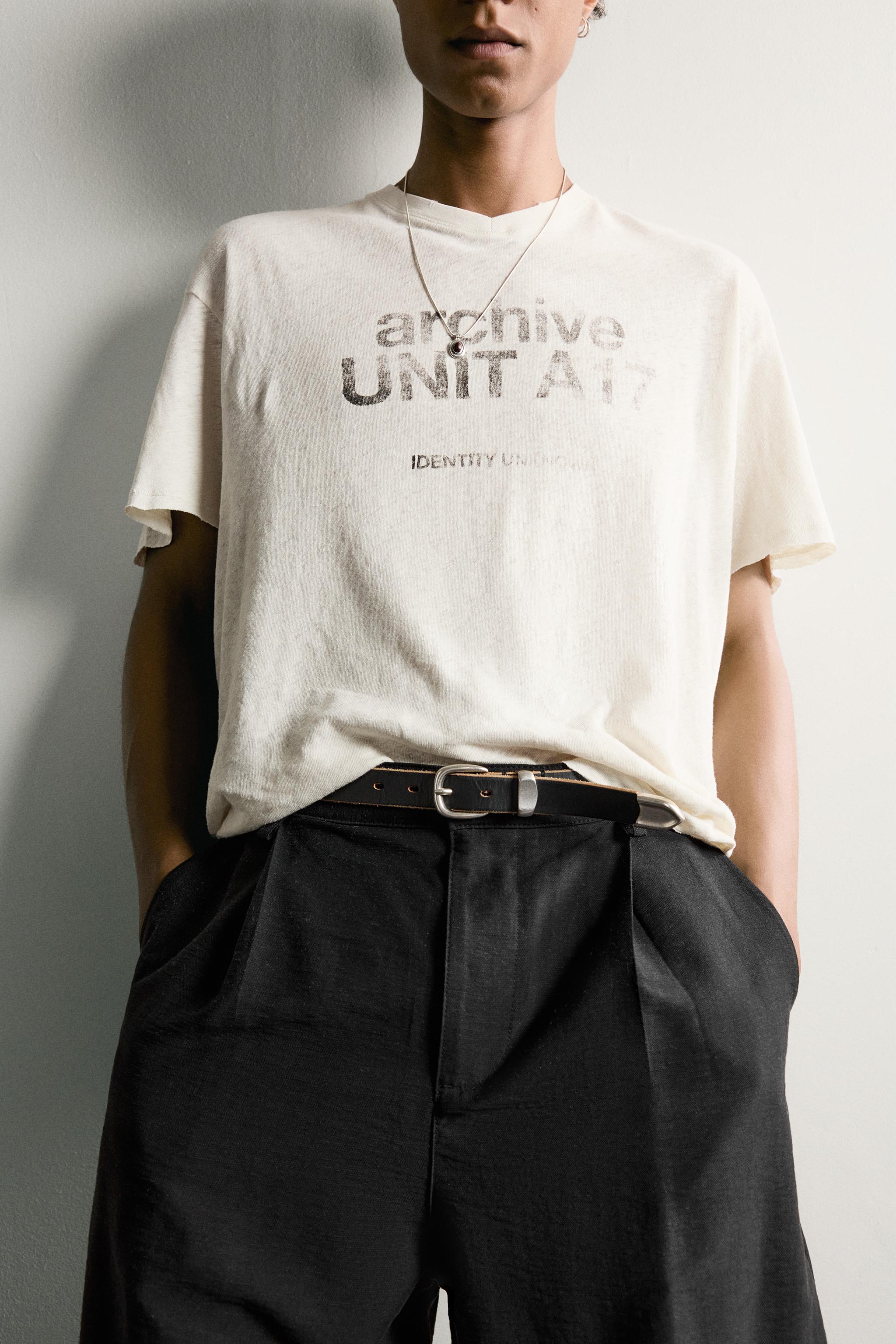 Мужские футболки Zara WASHED COTTON-LINEN T-SHIRT WITH TEXT — фото 5