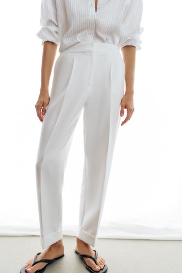 TROUSERS WITH PLEATS AND TURN-UP HEMS - White by Zara