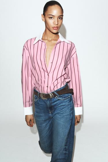 Zara OVERSIZED STRIPED SHIRT WITH CONTRAST CUFFS - Pink / White