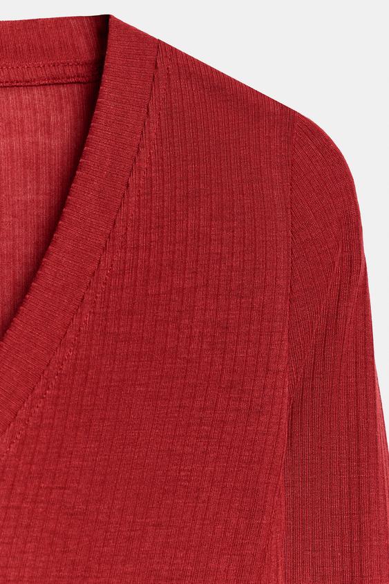 RIBBED V-NECK T-SHIRT - Red by Zara - Image 5
