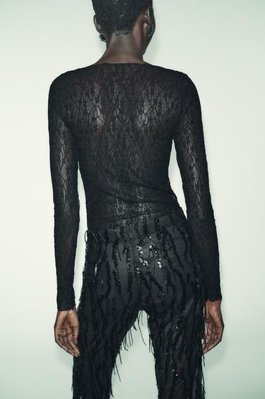 LONG SLEEVE LACE TOP - Black by Zara - Image 2
