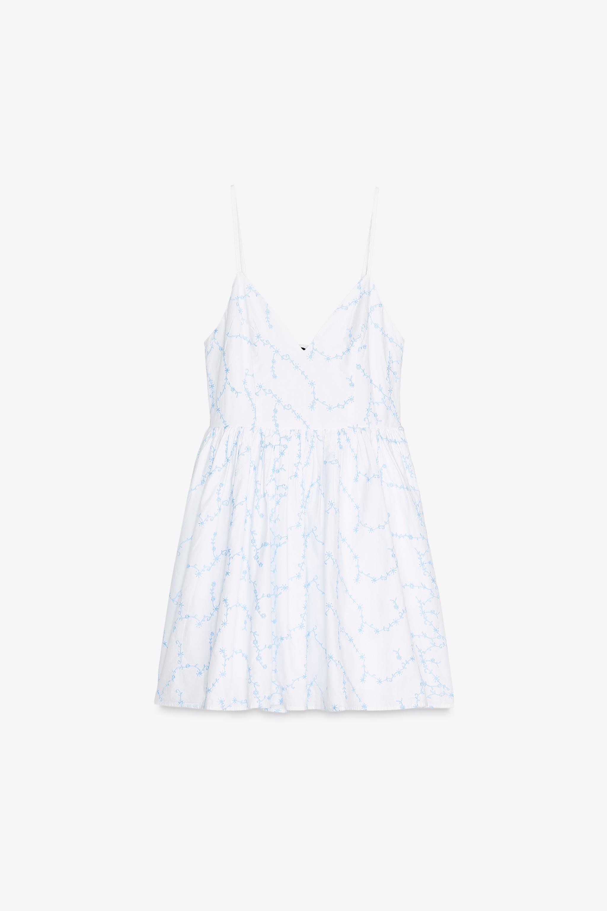 エンブロイダリー ポプリンワンピース - 青色/白色 | ZARA Japan