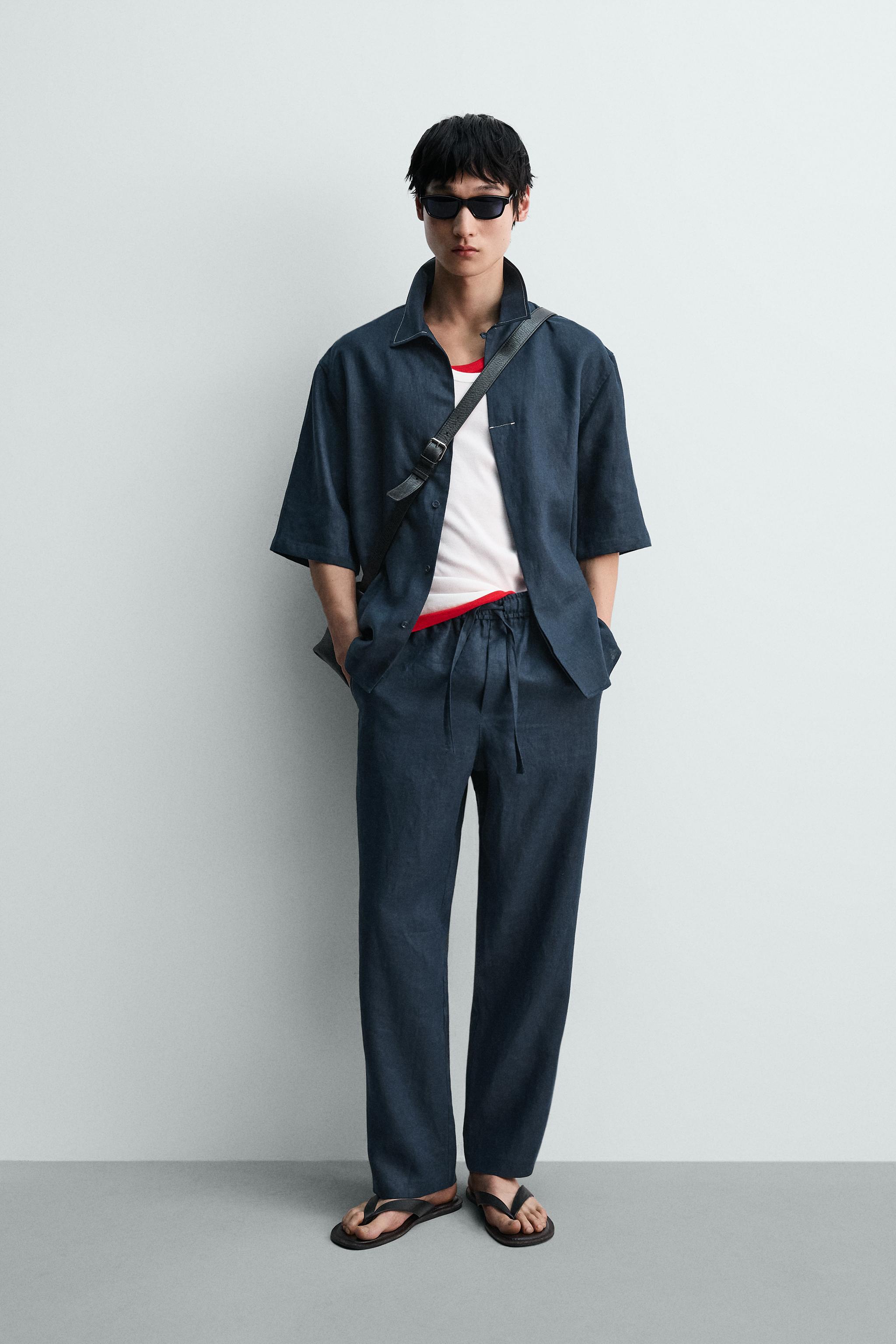 コントラストステッチ100%リネンパンツ - インディゴブルー | ZARA