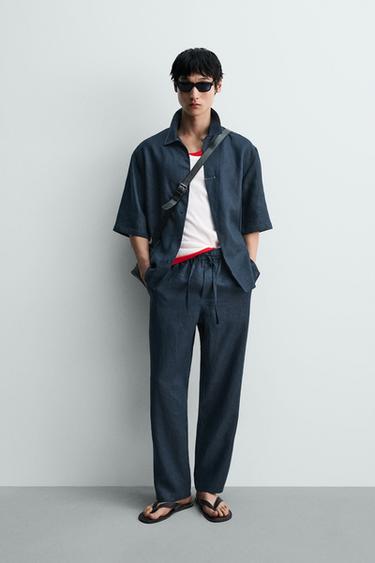 コントラストステッチ100%リネンパンツインディゴブルー0Zaraのコントラストステッチ100%リネンパンツ - インディゴブルー - 画像 0