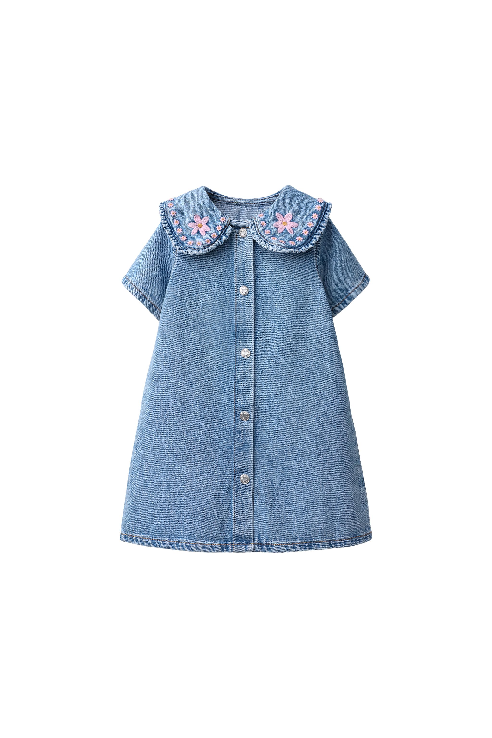 EMBROIDERED DENIM DRESS - Blue