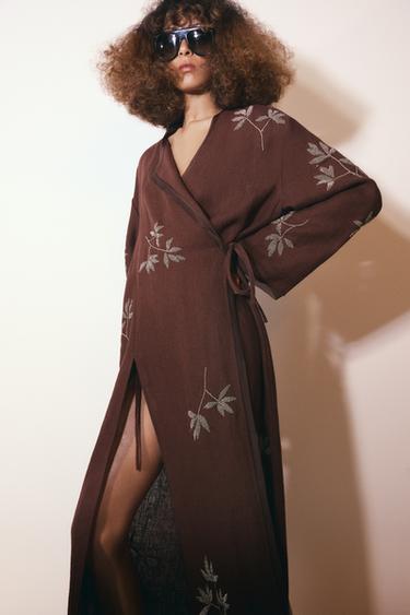 ZW COLLECTION EMBROIDERED LINEN KIMONO - Burgundy by Zara