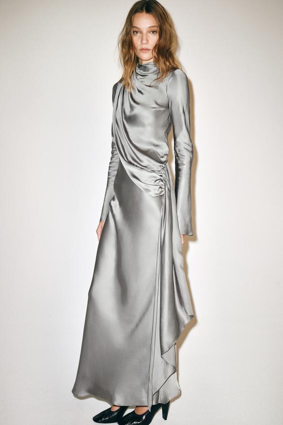 Zara 100% VISCOSE DRAPED MAXI DRESS - Gray - Image 0