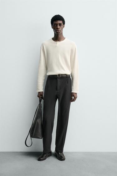 WAFFLE-KNIT HENLEY T-SHIRT - Oyster-white by Zara